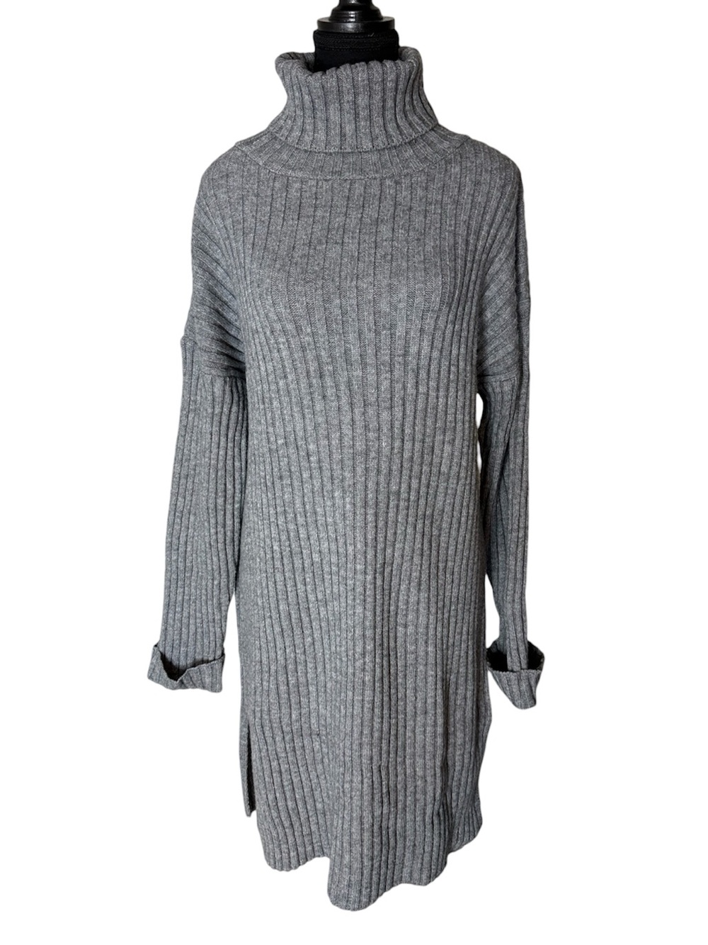 DREAMERS BY DEBUT Grey Ribbed Knit Sweater Dress Turtleneck Oversized Medium